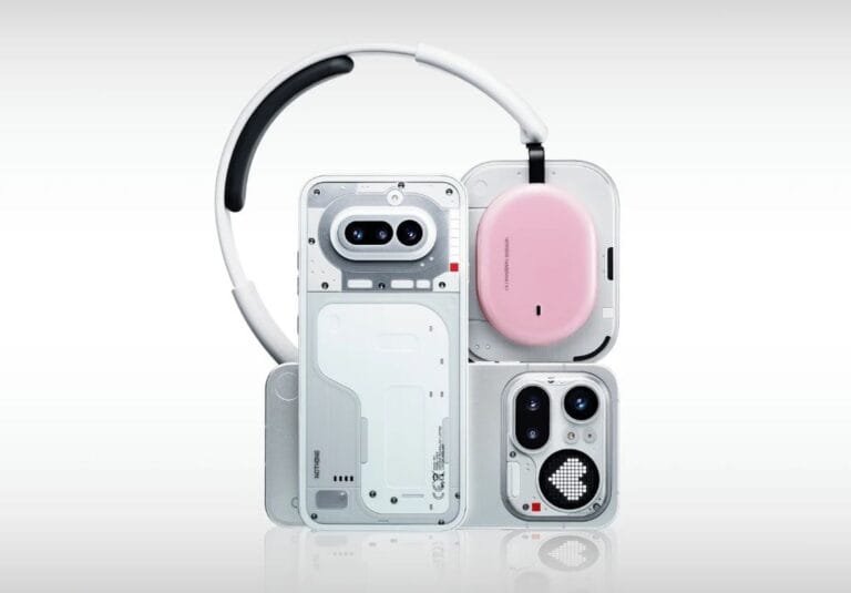 Nothing Phone 4a series showcasing transparent design, iconic Glyph Interface, and matching earphones in white and pink colorways.