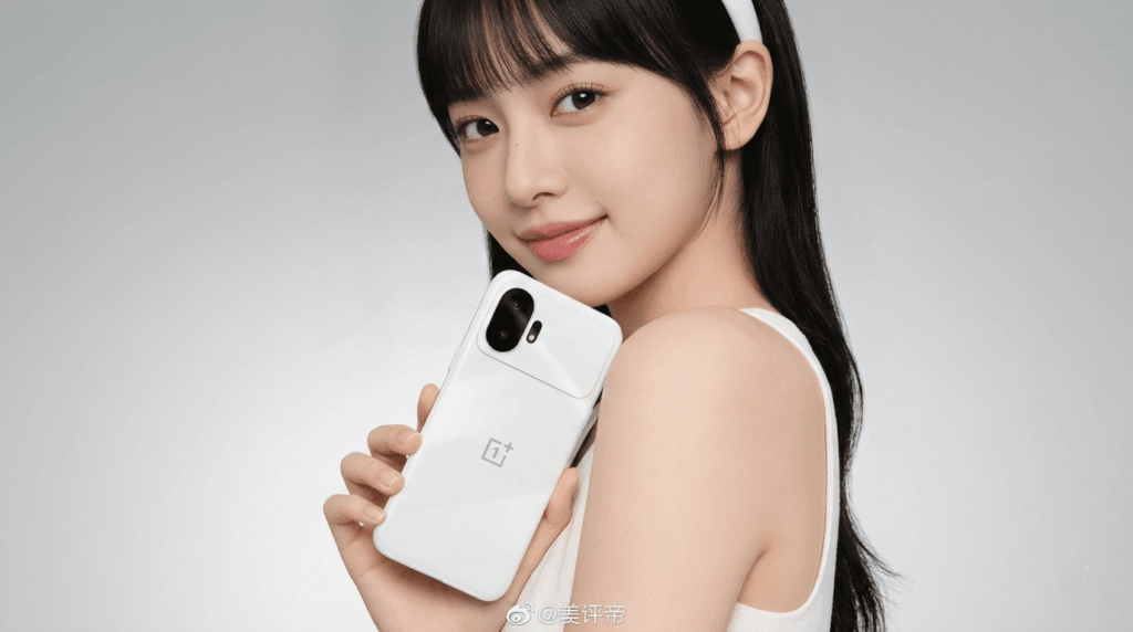 ​A promotional photo of a young woman with black hair holding a white OnePlus 15T. The phone features a minimalist "Healing White Chocolate" back with a distinct, rectangular black camera island in the top-left corner, housing two vertically aligned camera lenses and a small LED flash.