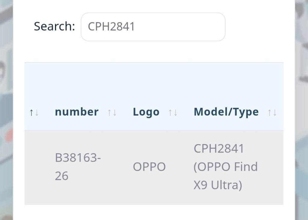 Screenshot of a registration record confirming model “CPH2841” corresponds to the “OPPO Find X9 Ultra,” with reference number “B38163-26.”