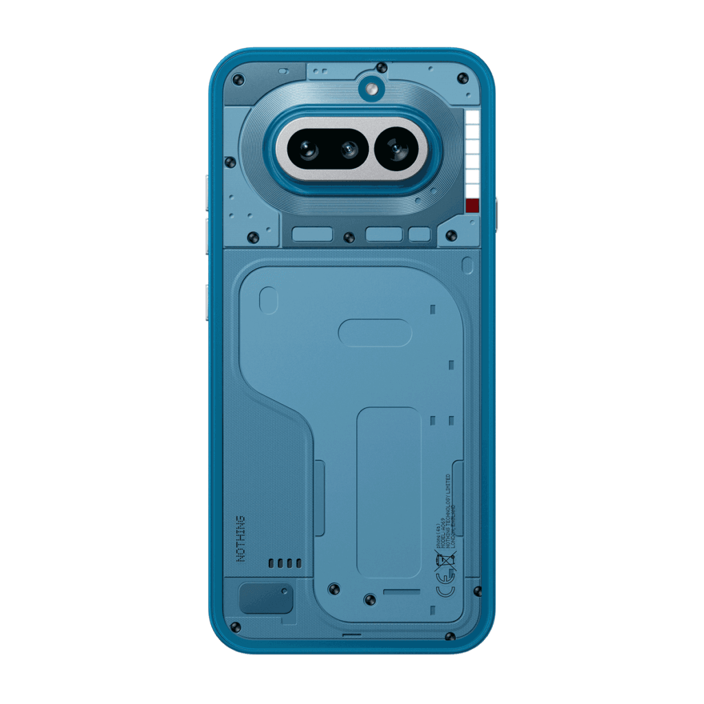 Close-up of the back of a blue Nothing Phone (4a) showing its transparent design, dual cameras, and the distinctive Glyph Bar.