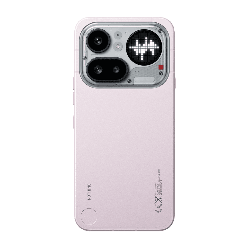 Close-up of the back of a pink Nothing Phone (4a) Pro, featuring its transparent design, triple cameras, and the unique Glyph Matrix lighting system.