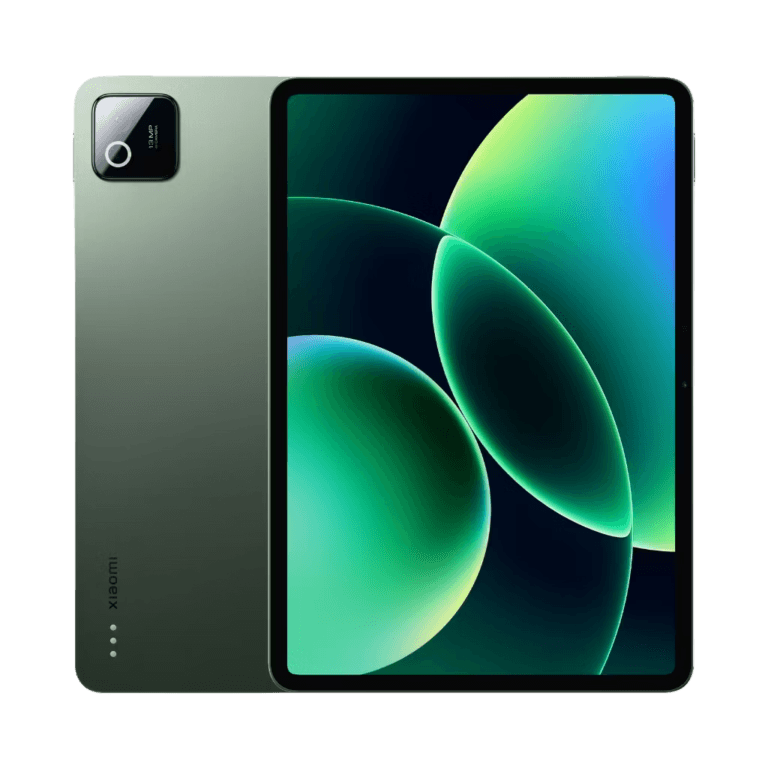 Xiaomi Pad 8 in green color with a slim metal body, featuring a large edge-to-edge display on the front and a square rear camera module on the back.