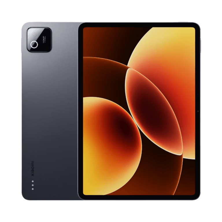 Alt text: Xiaomi Pad 8 Pro in dark gray color showing the front display with orange abstract wallpaper and the rear panel featuring a square camera module in the top-left corner.