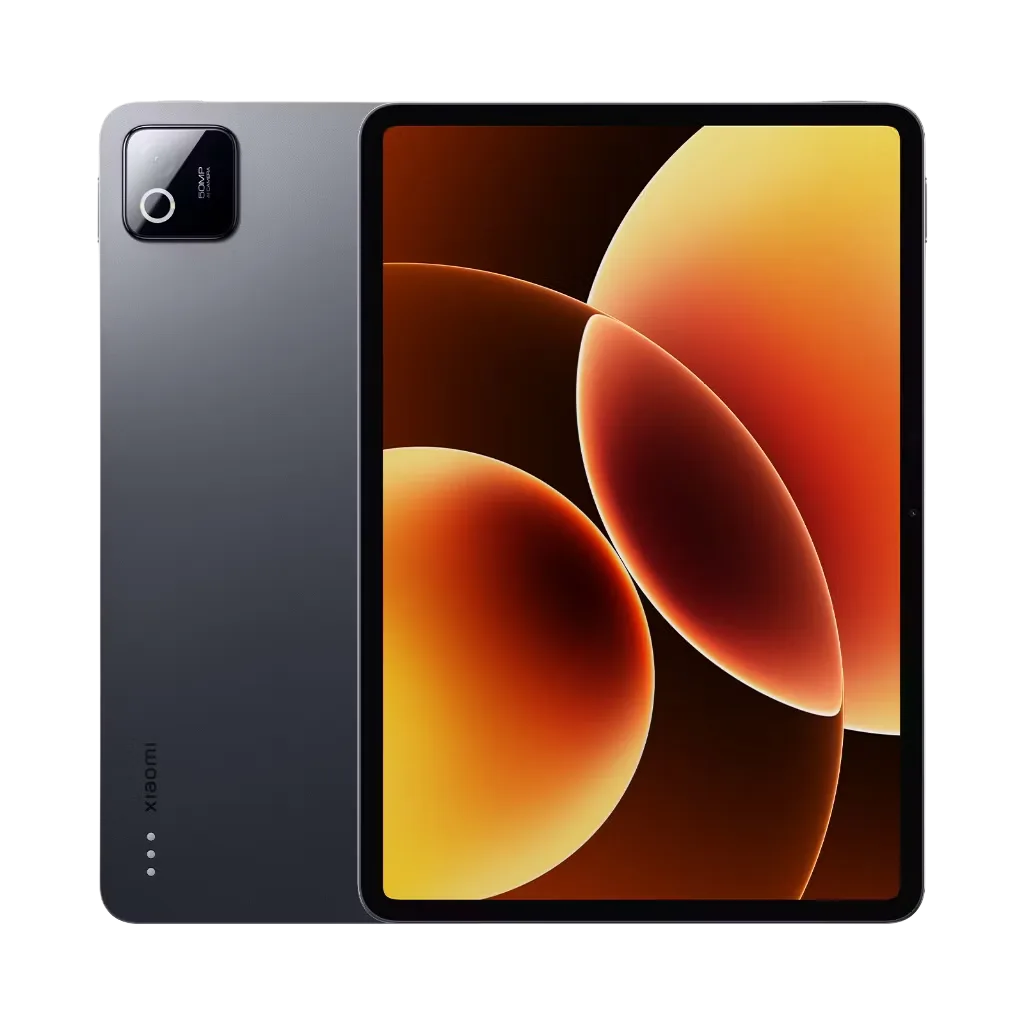 Xiaomi Pad 8 Pro Alt text: Xiaomi Pad 8 Pro in dark gray color showing the front display with orange abstract wallpaper and the rear panel featuring a square camera module in the top-left corner.