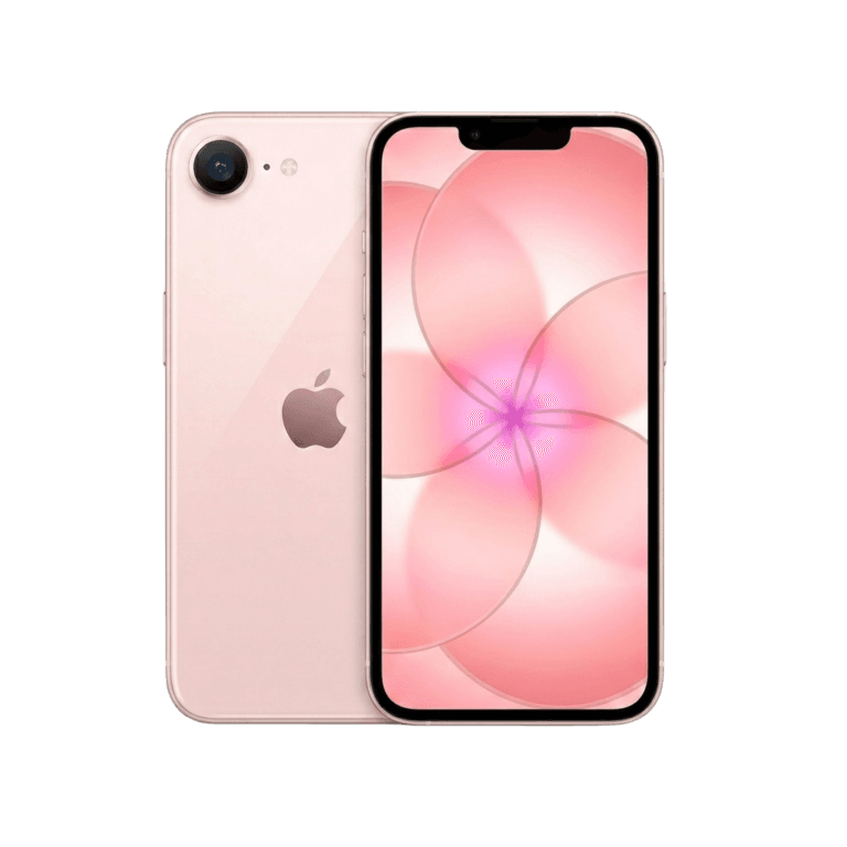 A pink iPhone 17e is displayed with its back and front visible, featuring a single rear camera and a notched display with a floral wallpaper.