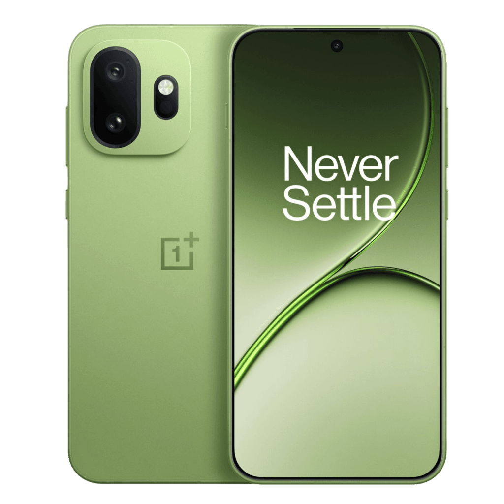 A green OnePlus 15T smartphone shown from the front and back, featuring a flat display with a centered punch-hole camera and the “Never Settle” slogan on screen, alongside a matte green rear panel with a dual-camera module and LED flash in a rounded-square housing.
