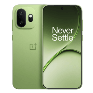 Oneplus-15T-Wazzuptechph 1 A green OnePlus 15T smartphone shown from the front and back, featuring a flat display with a centered punch-hole camera and the “Never Settle” slogan on screen, alongside a matte green rear panel with a dual-camera module and LED flash in a rounded-square housing.