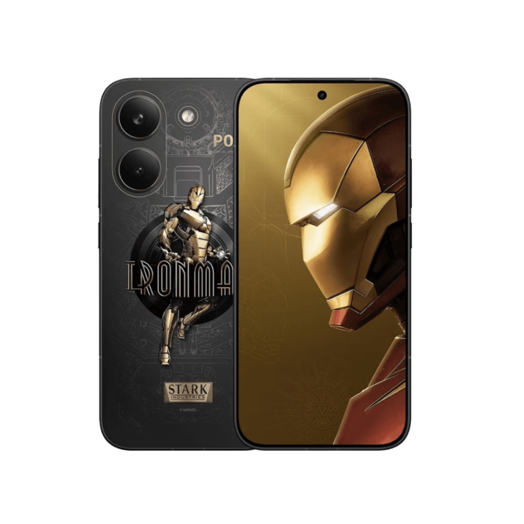 Poco X8 Pro Iron Man Edition smartphone shown against a black background. The back features a dark design with circuit-like patterns, an Iron Man figure, "IRON MAN" text, and a "STARK INDUSTRIES" badge; dual rear cameras are visible. The front display shows a close-up of Iron Man's helmet on a gold-toned background.