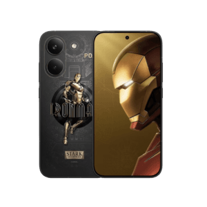 Poco X8 Pro Iron Man Edition smartphone shown against a black background. The back features a dark design with circuit-like patterns, an Iron Man figure, "IRON MAN" text, and a "STARK INDUSTRIES" badge; dual rear cameras are visible. The front display shows a close-up of Iron Man's helmet on a gold-toned background.