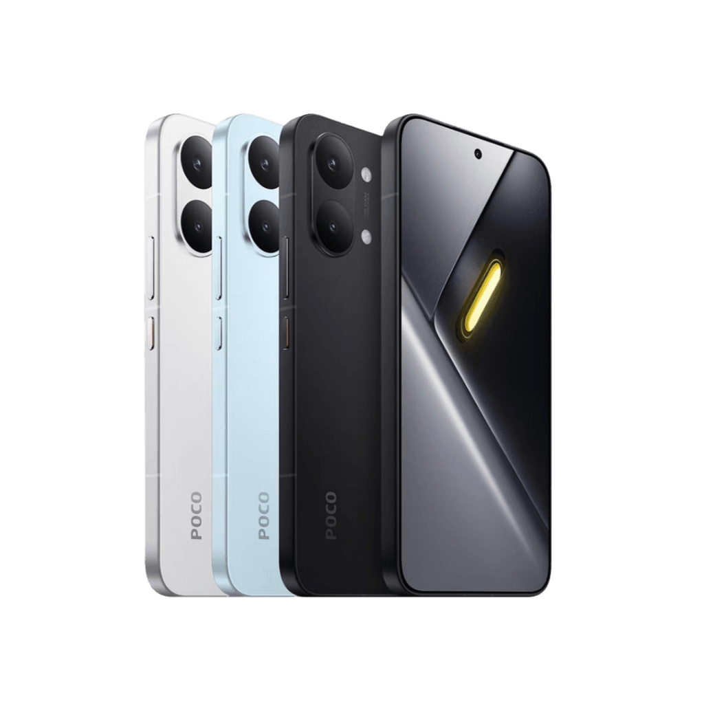 Poco X8 Pro Max smartphones displayed against a black background, showing white, light blue, and black color variants from the back (with dual cameras and "POCO" branding) and a front view with a sleek design and a yellow accent on the screen.