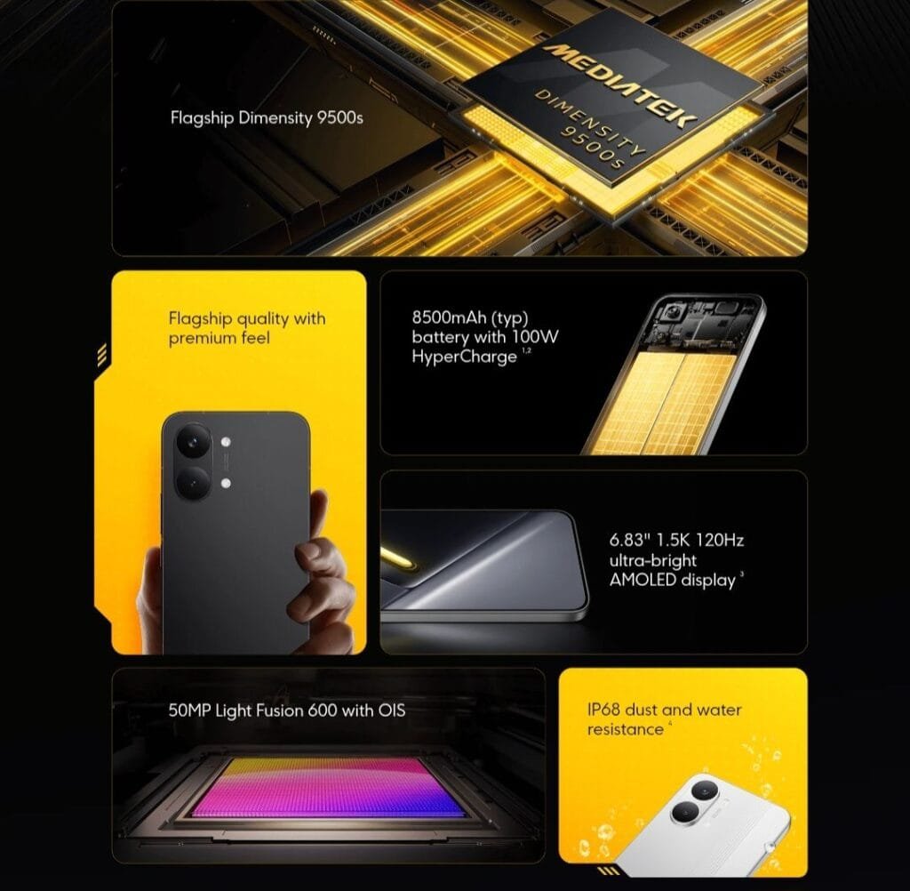 POCO X8 Pro Max features: Dimensity 9500s chip, 8500mAh/100W charge, 6.83" 1.5K 120Hz display, 50MP Light Fusion 600 OIS camera, IP68 resistance, premium design.