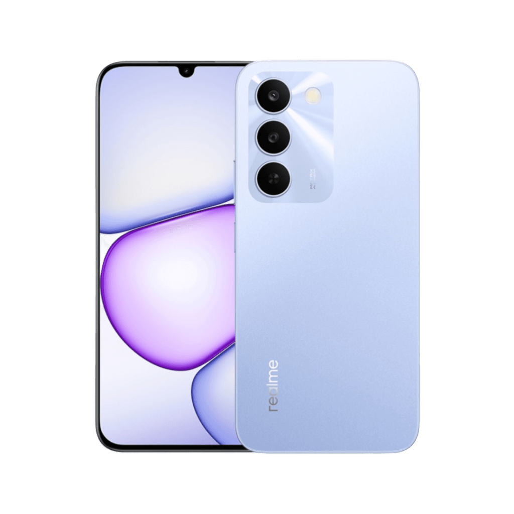 A light blue Realme C83 5G smartphone is angled to display both its front and back. The front shows a screen with purple and white abstract shapes, and a teardrop notch at the top. The back features a triple-camera system aligned vertically on the left side, with the "realme" logo printed vertically towards the bottom right.