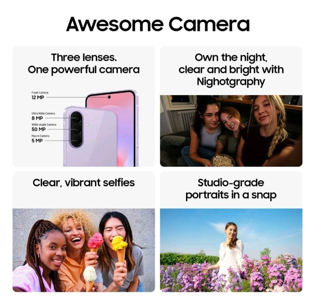 Samsung Galaxy A37 Launched in the Philippines; Price Starts at PHP 25,990 1 Samsung Galaxy A37 5G 'Awesome Camera' feature showcase: details triple-lens setup (50MP wide, 8MP ultra-wide, 5MP macro) plus 12MP front camera, with sections highlighting Nightography, clear selfies, and studio-grade portraits.