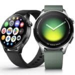 Two smartwatches, the Xiaomi Watch 5, are displayed side-by-side. One features a black finish with a vibrant app grid on the screen, while the other has a silver stainless steel case with a green analog face and a juniper green fabric strap.