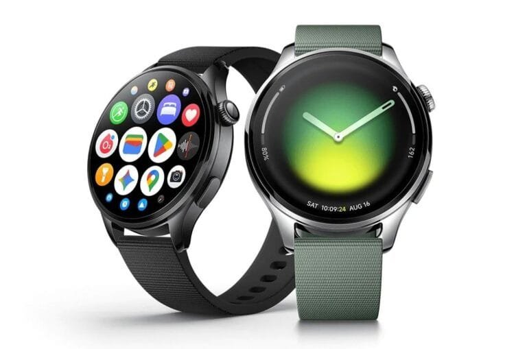 Two smartwatches, the Xiaomi Watch 5, are displayed side-by-side. One features a black finish with a vibrant app grid on the screen, while the other has a silver stainless steel case with a green analog face and a juniper green fabric strap.
