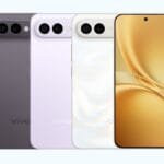 A line of three Vivo X300 FE smartphones in Graphite Black, Cool Purple, and Moonlight White, with the front view of the white phone showing a gold-toned abstract wallpaper.