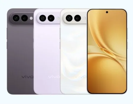 A line of three Vivo X300 FE smartphones in Graphite Black, Cool Purple, and Moonlight White, with the front view of the white phone showing a gold-toned abstract wallpaper.