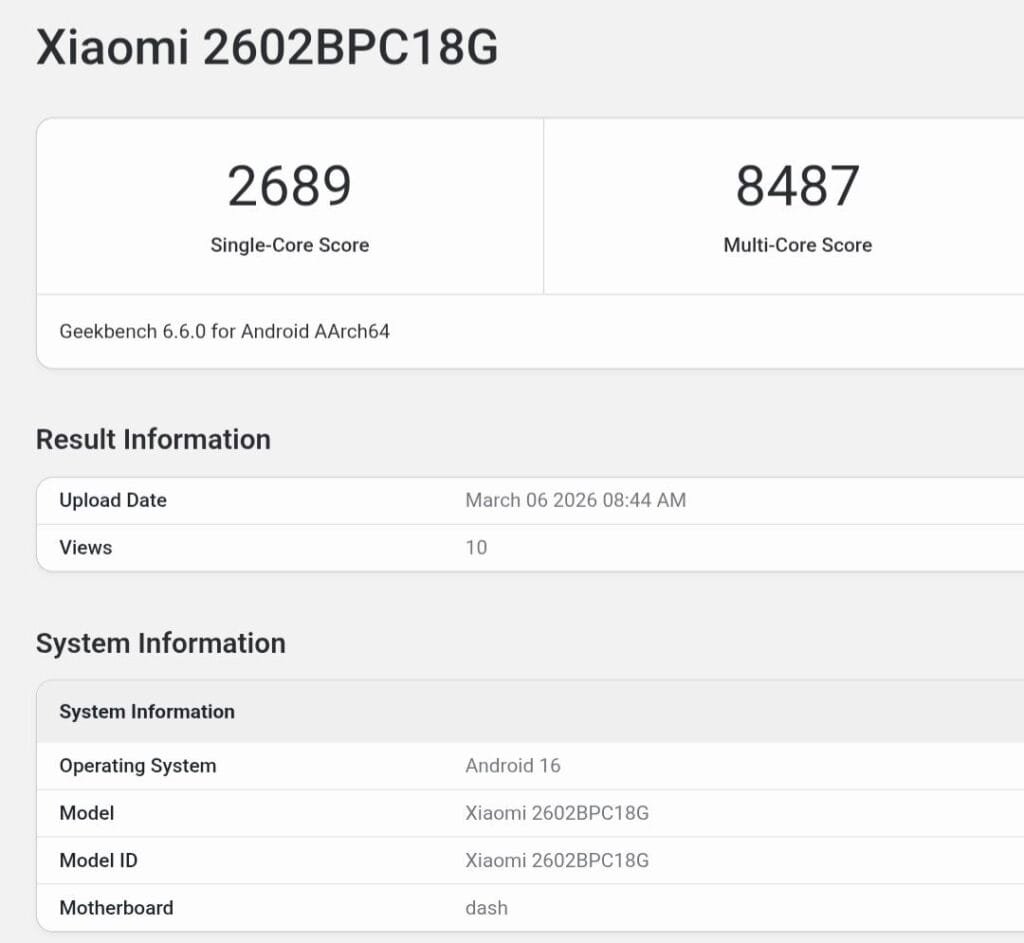 Geekbench listing of the Poco X8 Pro Max (model 2602BPC18G) showing 2689 single-core and 8487 multi-core scores running Android 16.