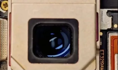 Close-up view of the periscope telephoto lens module of the Vivo X300 Ultra, showing the large square lens housing and internal optics designed for high-zoom photography.