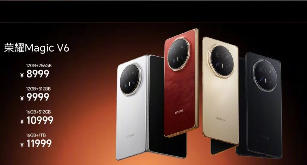 The Honor Magic V6 phone lineup in various colors (white, red, gold, black) with pricing for different storage variants listed in Chinese Yuan.