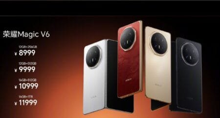 The Honor Magic V6 phone lineup in various colors (white, red, gold, black) with pricing for different storage variants listed in Chinese Yuan.