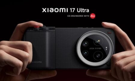 Xiaomi 17 Ultra shown with a camera-style design and large circular Leica-branded camera module, held horizontally like a compact camera.