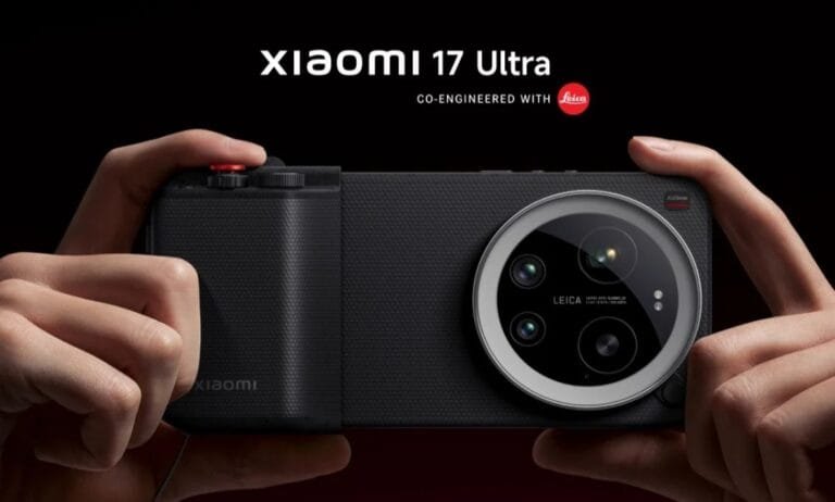 Xiaomi 17 Ultra shown with a camera-style design and large circular Leica-branded camera module, held horizontally like a compact camera.