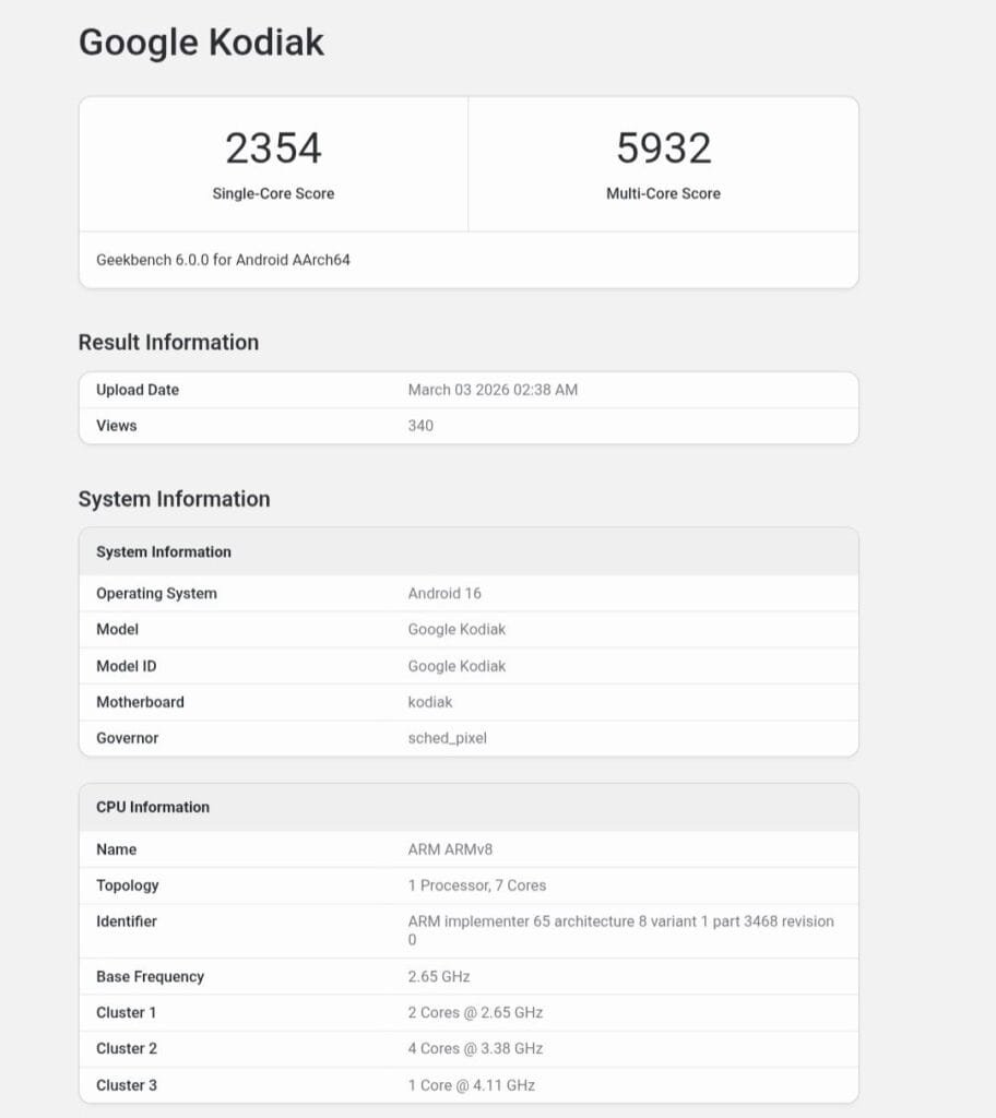 Google Tensor G6 with 7-Core CPU Appears on Geekbench 1 A Geekbench 6.0.0 benchmark for a "Google Kodiak" (possibly Tensor G6) device, showing a single-core score of 2354 and a multi-core score of 5932, with an ARM ARMv8 7-core CPU.