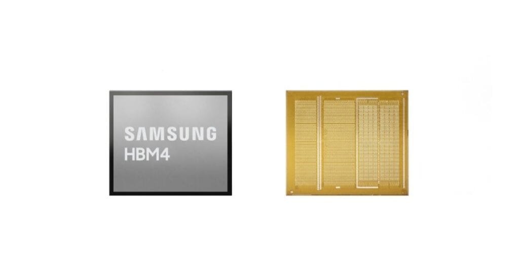 Samsung Electronics Reveals Next-Gen HBM4E Memory for AI Systems at NVIDIA GTC 2026 1 The image displays two key components against a white background. On the left is a silver-grey rectangular chip with "SAMSUNG HBM4" clearly visible, indicating it's a High Bandwidth Memory module. To its right is a gold-colored rectangular component with intricate patterns of dots and lines, likely an interposer or substrate designed to connect high-performance chips.