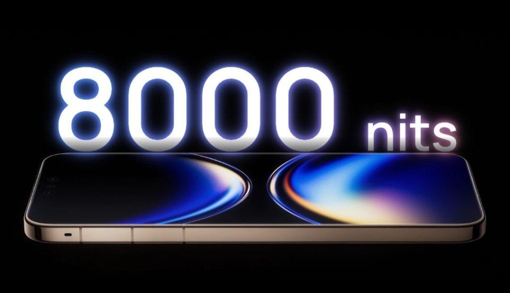 HUAWEI smartphone display highlighting 8000 nits peak brightness. The device shows a sleek design with a vivid screen displaying colorful light effects against a black background.