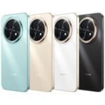 Four Huawei Enjoy 90 Pro Max phones in Flying Azure, Dawn Gold, Snow White, and Obsidian Black, showing rear circular camera modules with metallic accents and the Huawei logo.