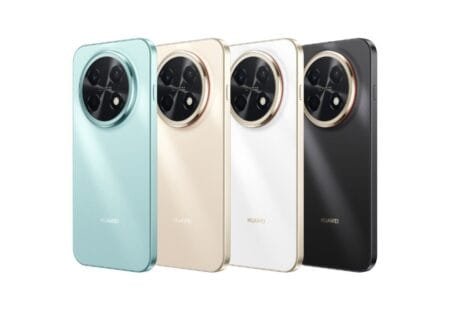 Four Huawei Enjoy 90 Pro Max phones in Flying Azure, Dawn Gold, Snow White, and Obsidian Black, showing rear circular camera modules with metallic accents and the Huawei logo.
