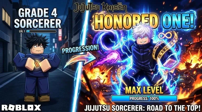 Roblox Sorcerer Incremental codes thumbnail showing a Grade 4 sorcerer at level 1 progressing to a max-level “Honored One” character inspired by Jujutsu Kaisen, surrounded by cursed energy and explosions.