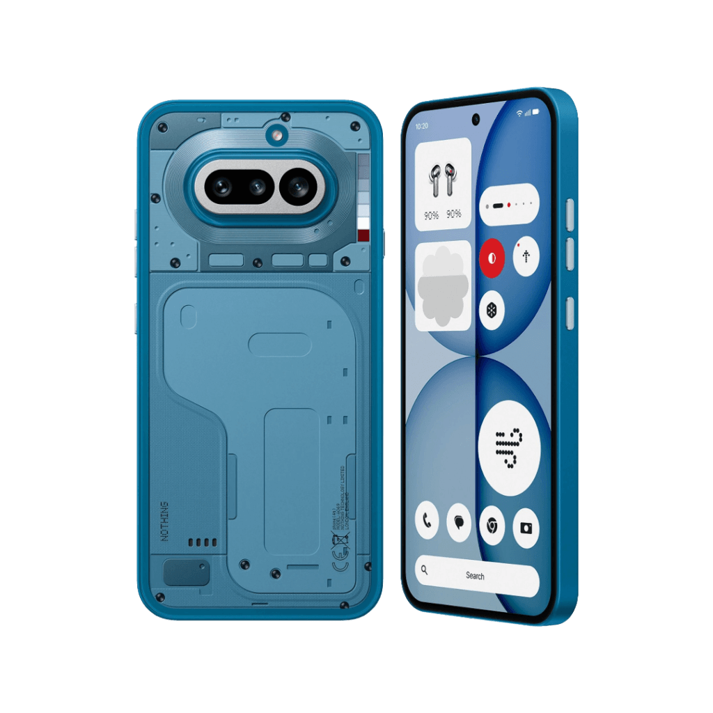 Two views of the Nothing Phone 4a against a black background – left shows the transparent blue rear with visible internal components and dual camera module; right displays the front with a curved display, circular app widgets, and matching blue frame.