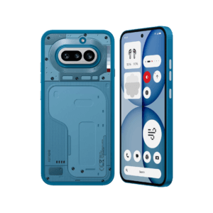 Two views of the Nothing Phone 4a against a black background – left shows the transparent blue rear with visible internal components and dual camera module; right displays the front with a curved display, circular app widgets, and matching blue frame.