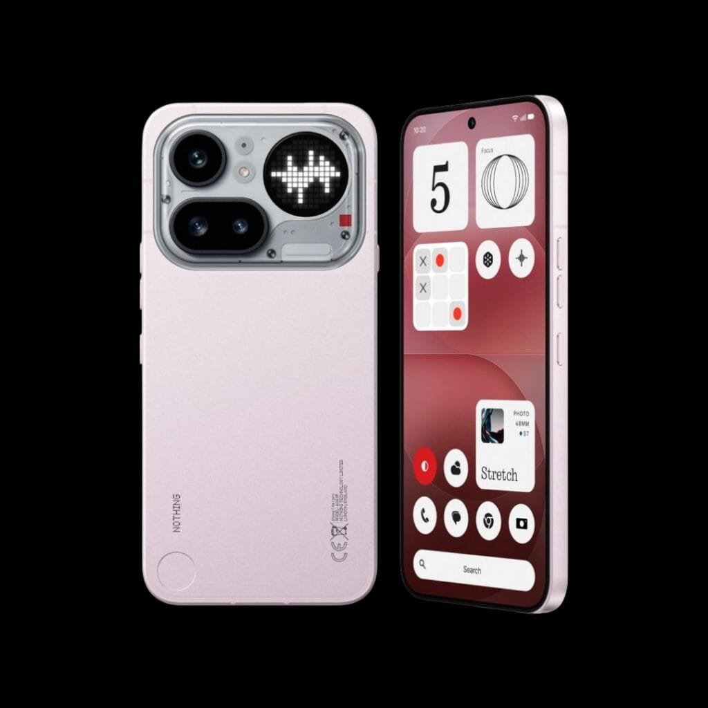 Two views of the Nothing Phone 4a in light pink – left shows the rear with a semi-transparent camera island featuring dual lenses and an LED glyph interface, plus the "NOTHING" brand mark; right displays the front with a curved display, red-toned circular app widgets, and a matching pink frame.