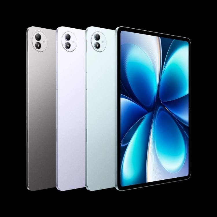 vivo Pad 6 Pro color variants – gray, light purple, light blue backs with dual-camera modules; front shows blue abstract floral screen
