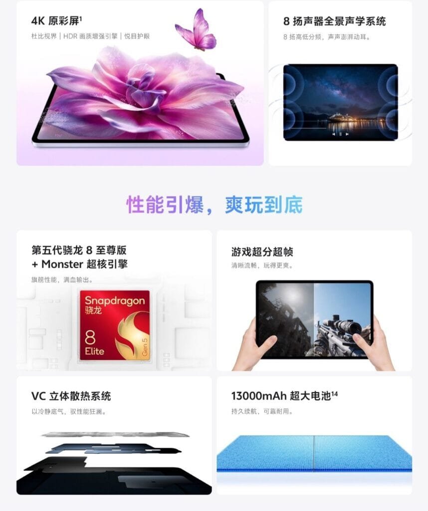 vivo Pad 6 Pro features – 4K True Color Display with purple flower, 8-speaker audio system, Snapdragon 8 Elite chip, gaming split-screen, VC cooling, 13000mAh battery
