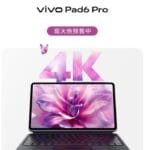vivo Pad 6 Pro tablet with external keyboard, 4K text overlay, purple flower screen graphic, 'now in hot pre-sale' banner