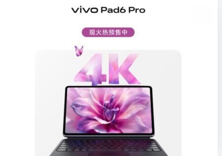 vivo Pad 6 Pro tablet with external keyboard, 4K text overlay, purple flower screen graphic, 'now in hot pre-sale' banner