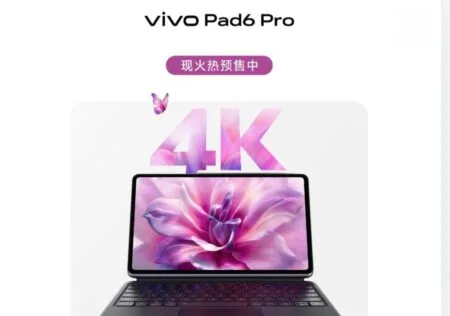 vivo Pad 6 Pro tablet with external keyboard, 4K text overlay, purple flower screen graphic, 'now in hot pre-sale' banner