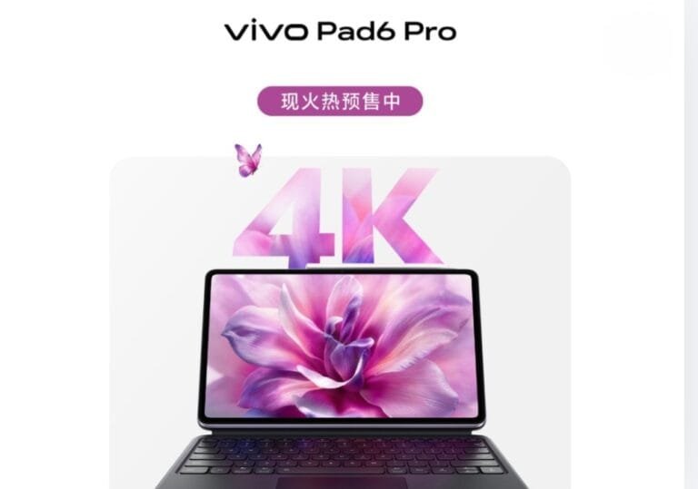 Vivo Pad 6 Pro Launched in China; Price Starts at CNY 4,499 vivo Pad 6 Pro tablet with external keyboard, 4K text overlay, purple flower screen graphic, 'now in hot pre-sale' banner