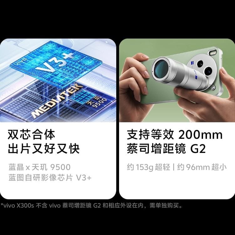 vivo X300s Launched in China; Price Starts at CNY 4,999 2 vivo X300s key features infographic showing MediaTek Dimensity 9500 chipset and ZEISS 200mm telephoto lens capability