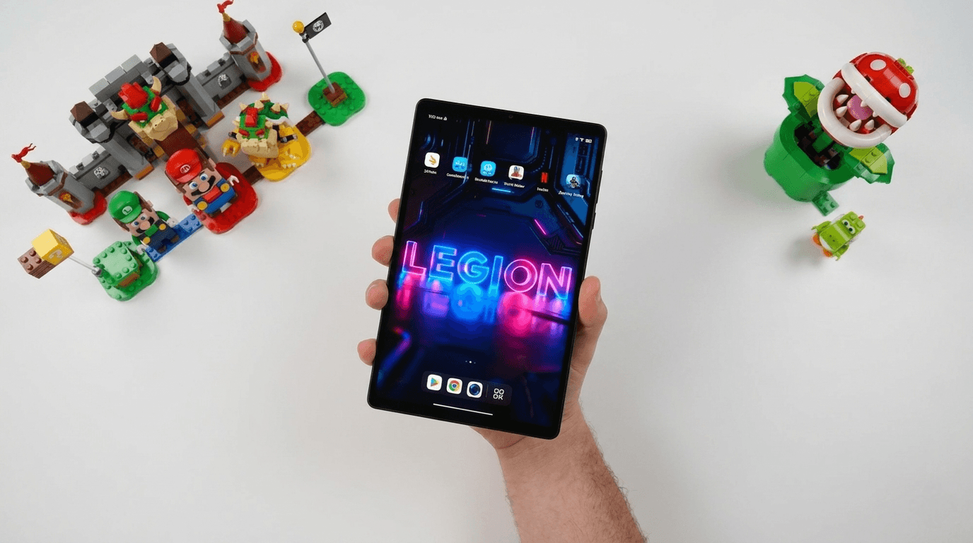A hand holding the Lenovo Legion Y700 2026 gaming tablet, displaying the "LEGION" logo with neon blue and pink lighting on its screen. The tablet is surrounded by colorful Super Mario LEGO sets and figures against a plain white background.