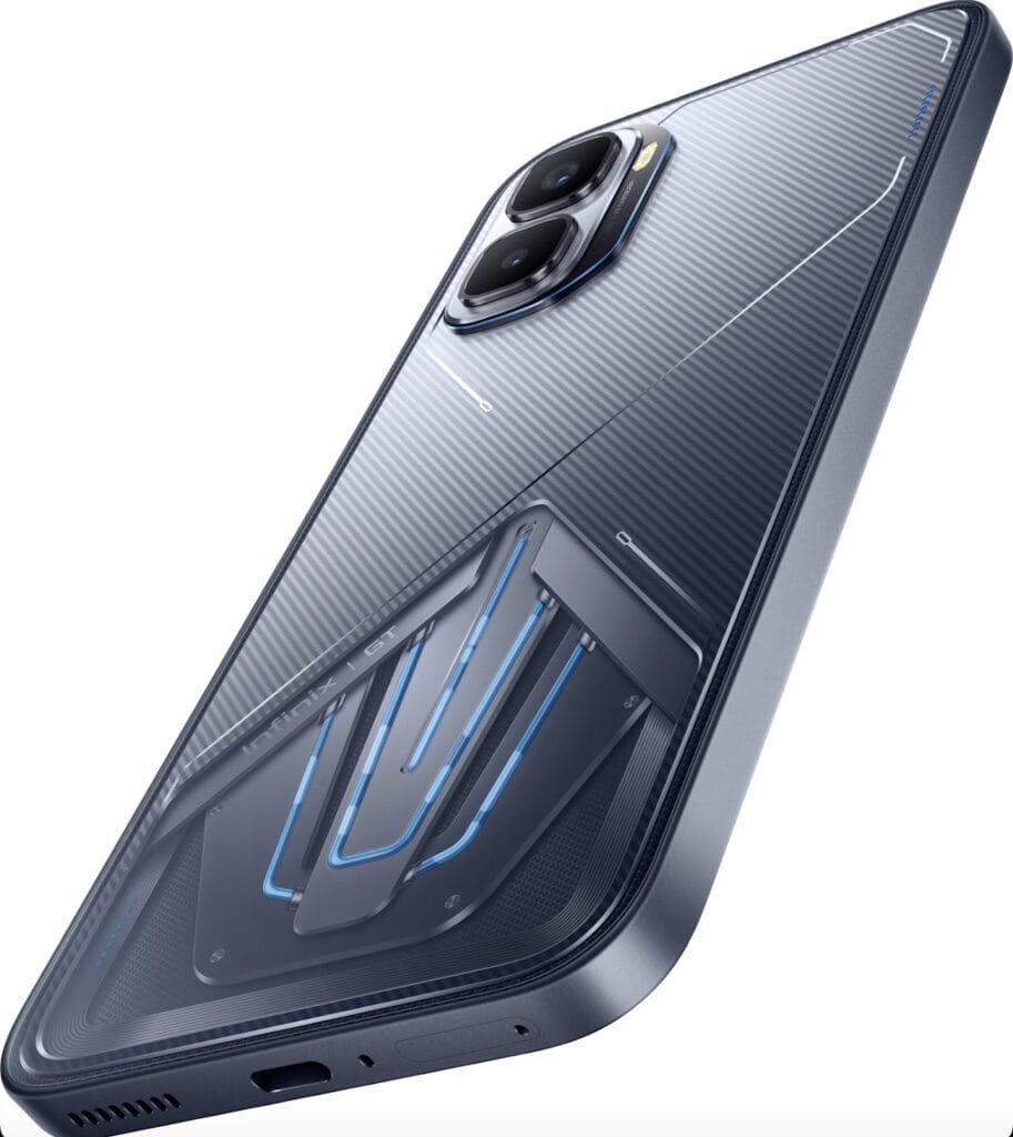 Infinix GT 50 Pro in Cyber Black color, featuring a transparent back panel with glowing blue LED light strips and dual camera setup.