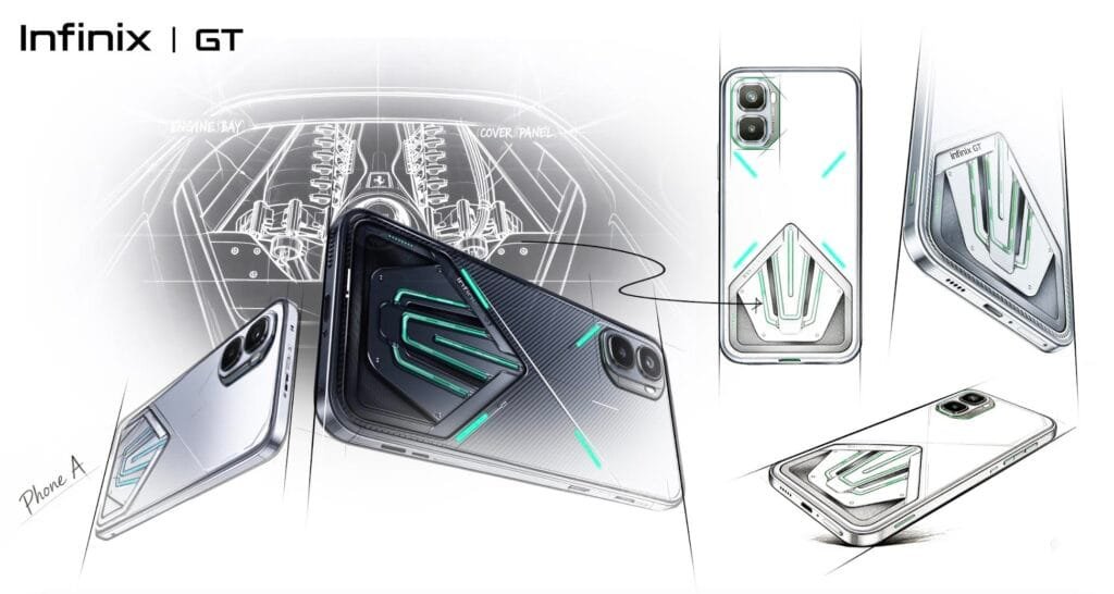 Infinix GT 50 Pro design sketches showcasing futuristic mechanical aesthetics, carbon fiber texture, and geometric patterns inspired by automotive engineering.