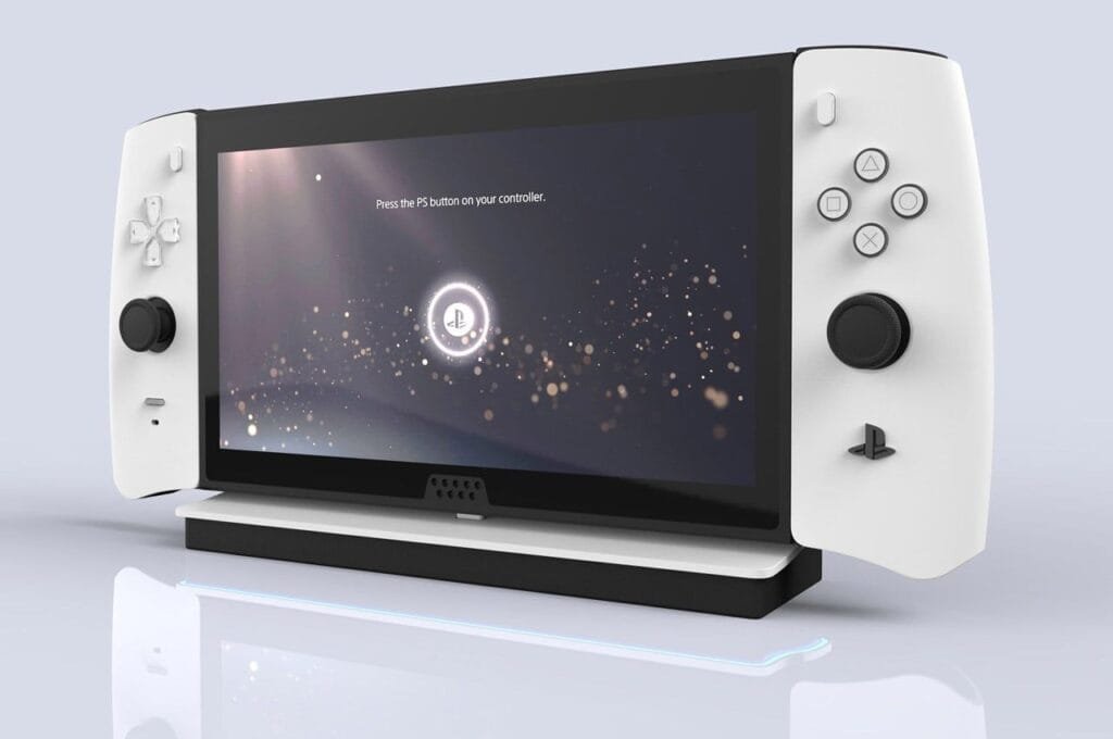 PlayStation 6 handheld console in white and black design, displayed on a charging dock with on-screen instructions and PlayStation branding visible