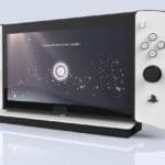 PlayStation 6 handheld console in white and black design, displayed on a charging dock with on-screen instructions and PlayStation branding visible