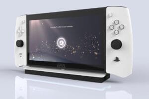 PlayStation 6 handheld console in white and black design, displayed on a charging dock with on-screen instructions and PlayStation branding visible