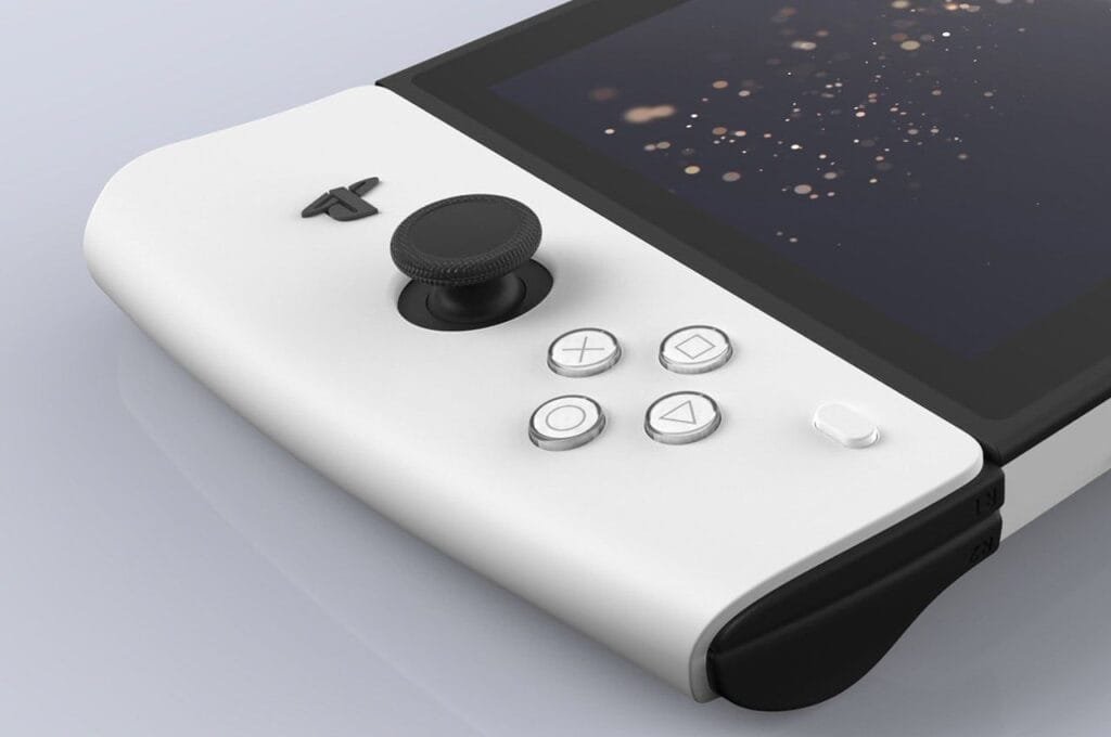 Close-up view of the PlayStation 6 handheld’s right side, showing its iconic action buttons, analog stick, and PlayStation logo detail